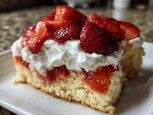 Close-up of a moist slice of shortcake topped with whipped cream and fresh, macerated strawberries.