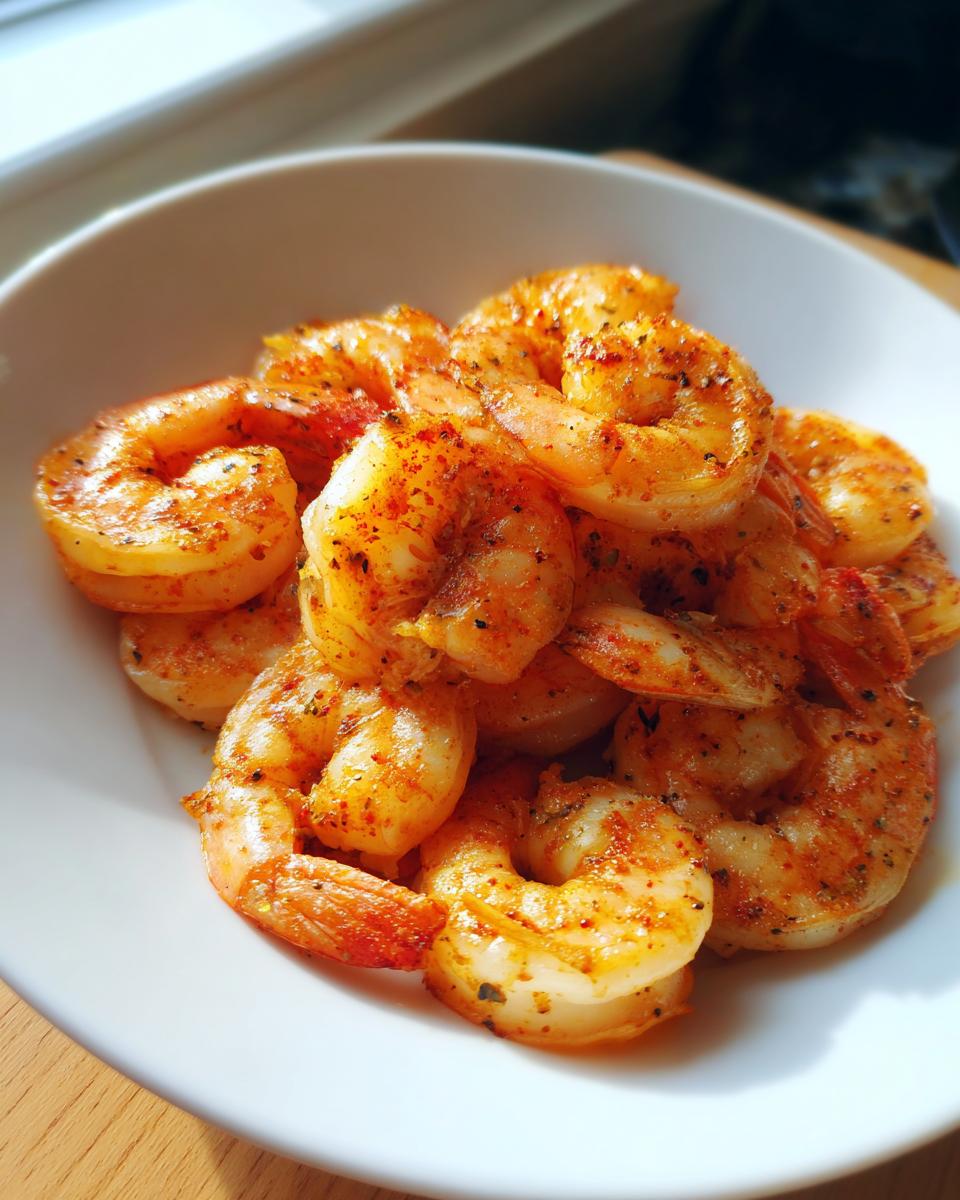 A close-up of seasoned, cooked air fryer frozen shrimp piled high in a white bowl.