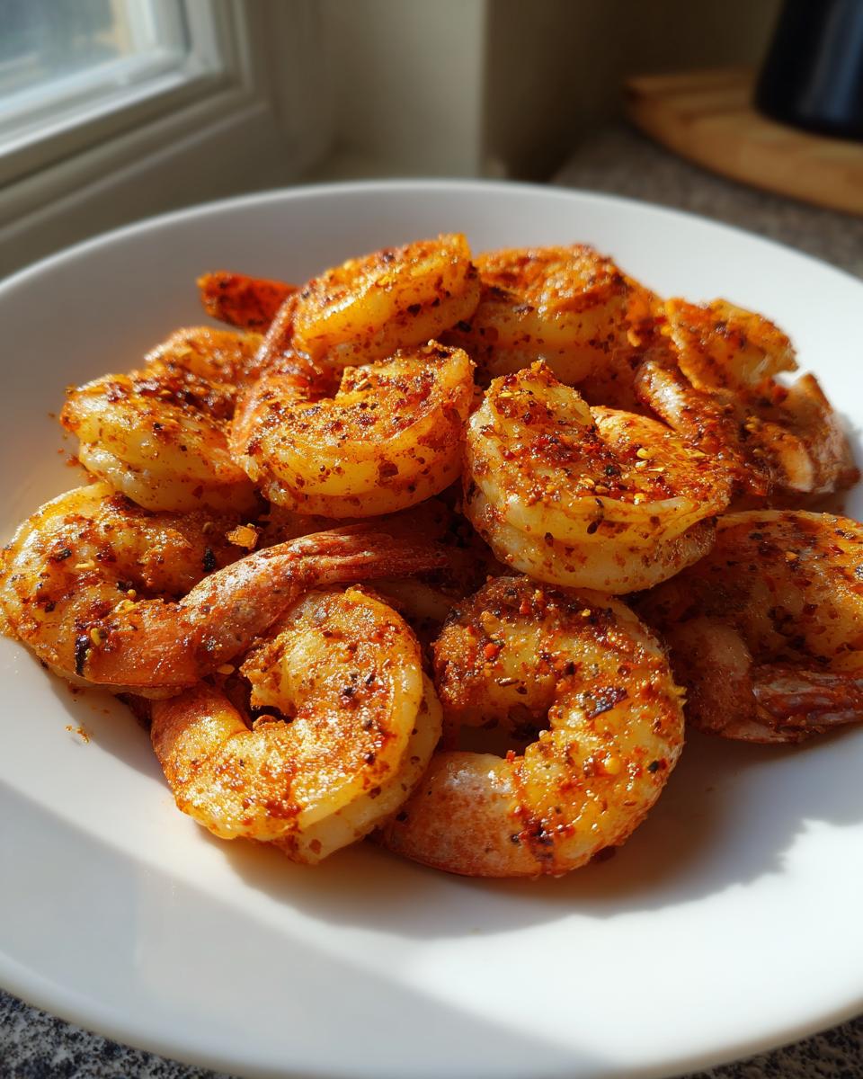 Close-up of perfectly cooked, seasoned air fryer frozen shrimp piled high on a white plate, catching the sunlight.