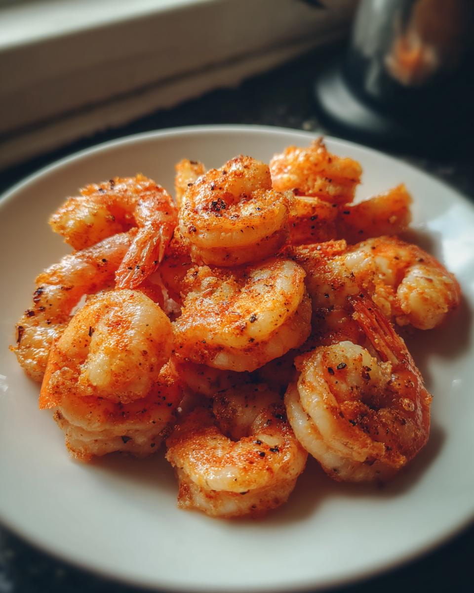 A close-up of seasoned, cooked air fryer frozen shrimp piled on a white plate, ready to eat.