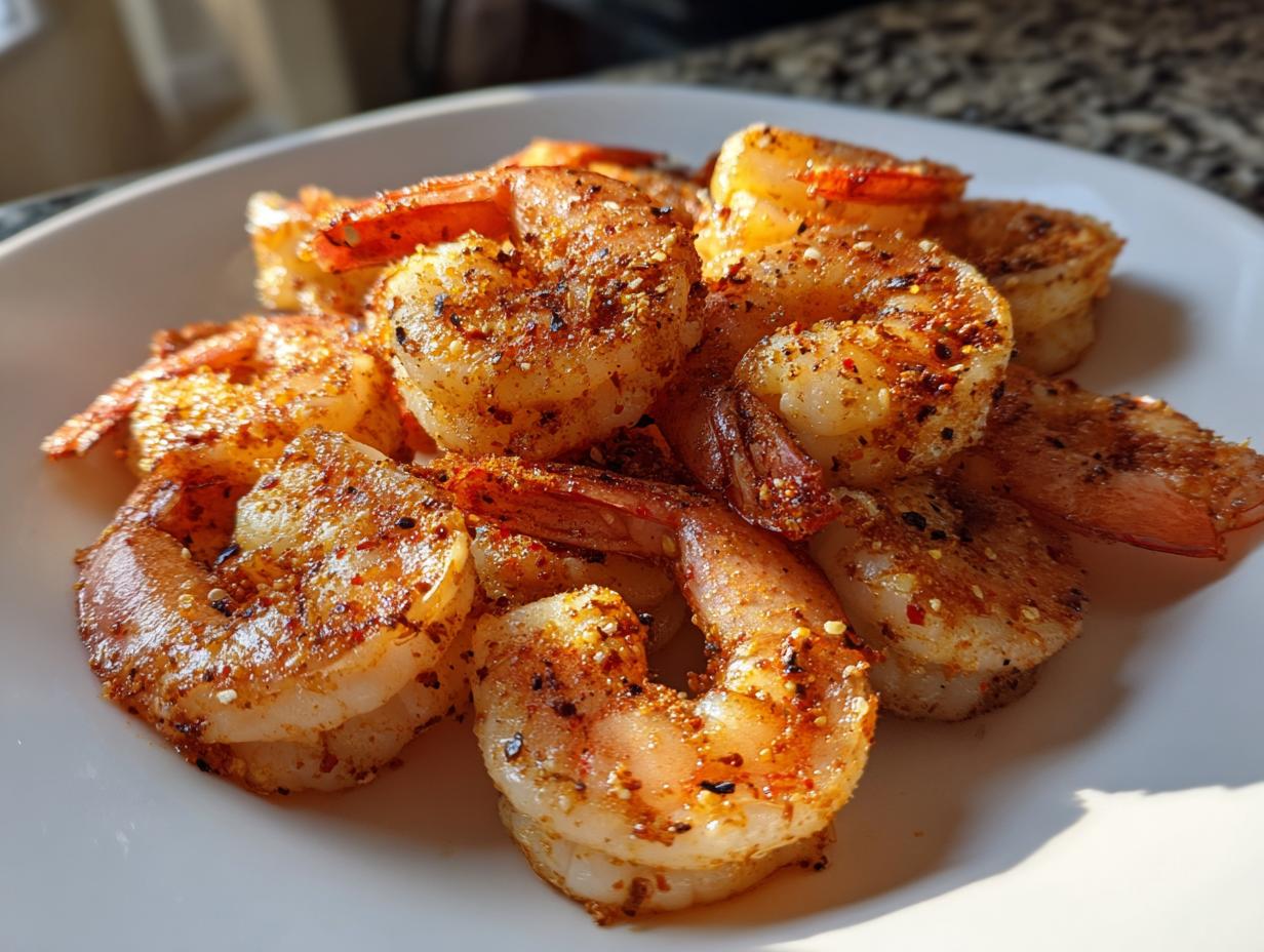 Close-up of cooked, seasoned air fryer frozen shrimp piled on a white plate, showing a crispy, reddish-brown spice coating.
