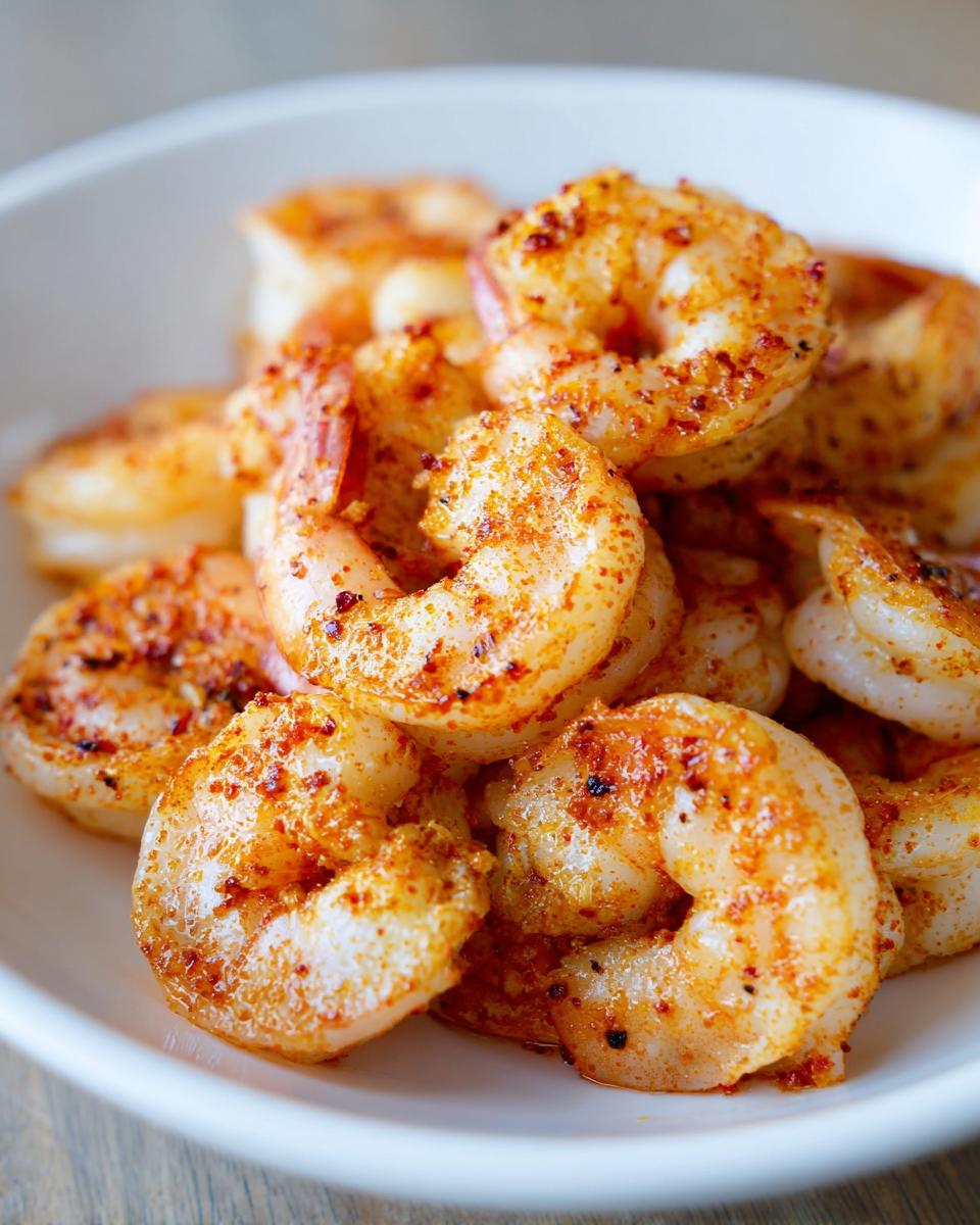 Close-up of perfectly cooked, seasoned air fryer frozen shrimp piled high in a white bowl.