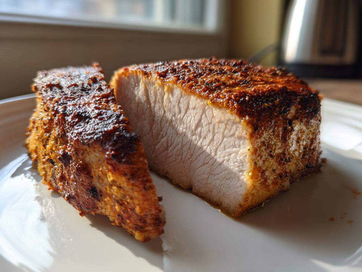 Close-up of a thick, juicy air fryer pork chop cut in half, showing the perfectly cooked white interior and seasoned crust.
