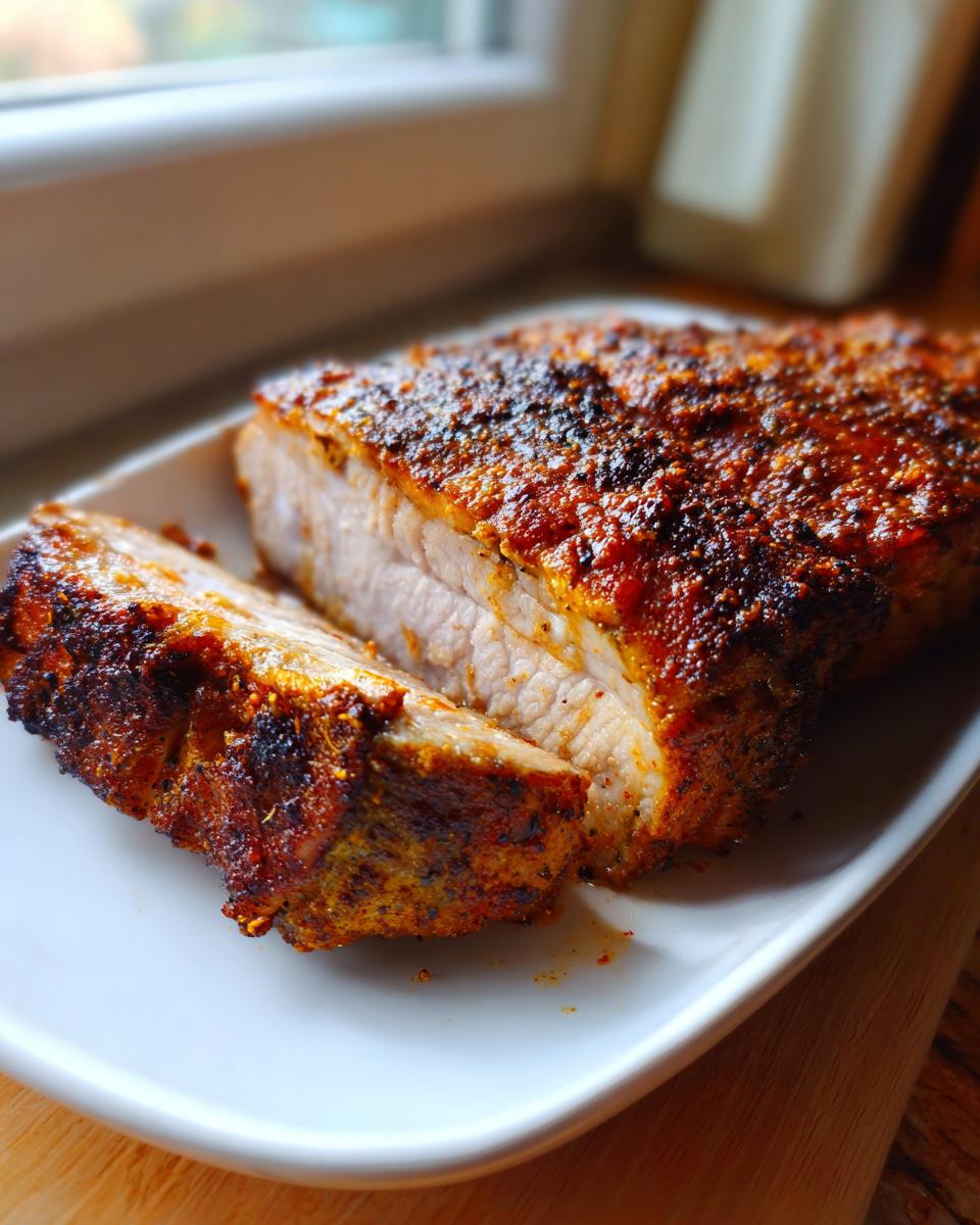 Close-up of a thick, seasoned air fryer pork chop, sliced to show the juicy interior.