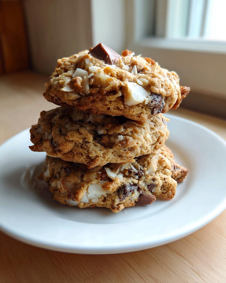 A stack of three freshly baked almond joy cookies loaded with coconut flakes and chocolate chunks on a white plate.