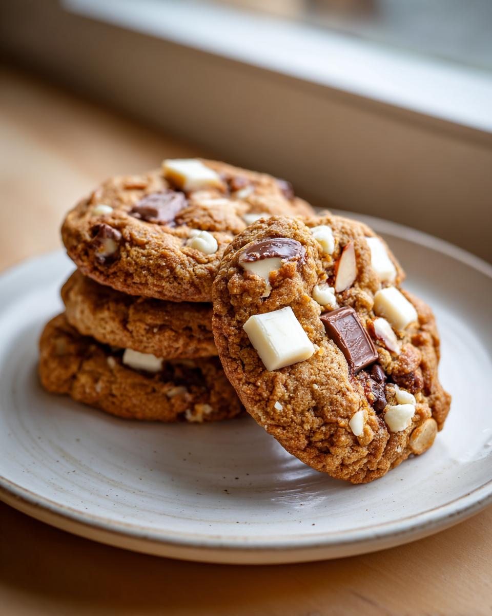 A stack of freshly baked Almond Joy cookies featuring visible white chocolate chunks and milk chocolate pieces.