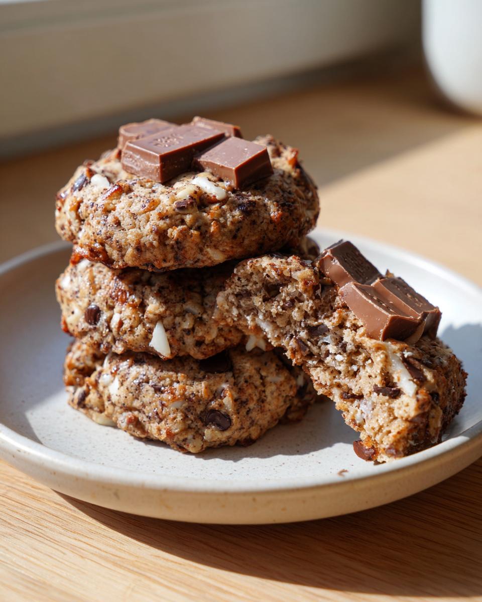 A stack of freshly baked almond joy cookies topped with chocolate squares, one cookie broken open.