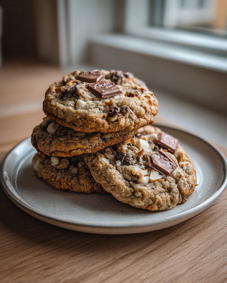 A stack of three chewy almond joy cookies topped with chocolate chunks and white chips on a light plate.
