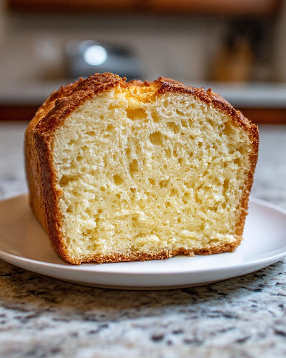 Close-up of the soft, airy interior crumb of freshly baked beer bread on a white plate.