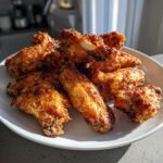 A pile of golden-brown, crispy baked chicken wings seasoned and served on a white plate.