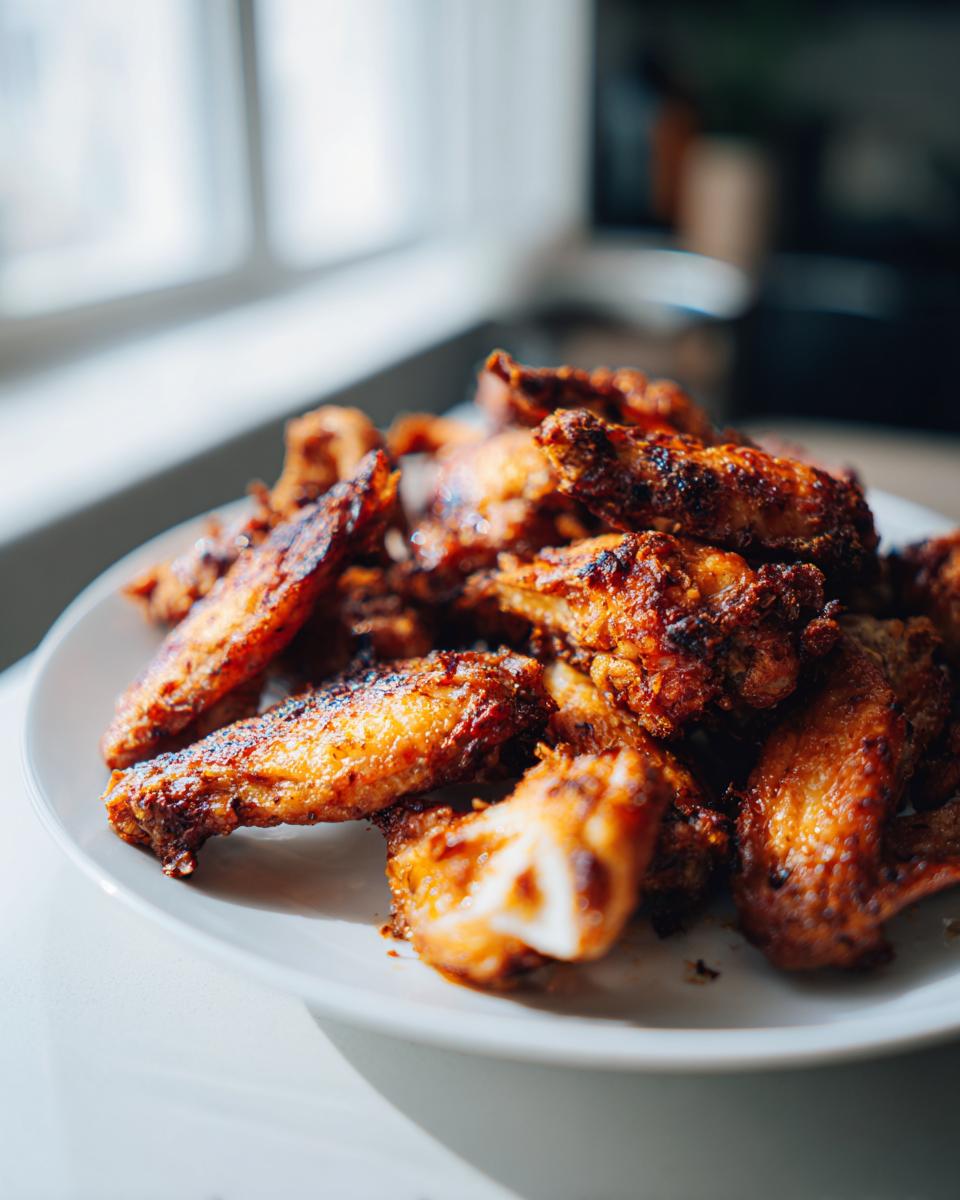 A close-up of a pile of golden-brown, crispy baked chicken wings served on a white plate near a bright window.