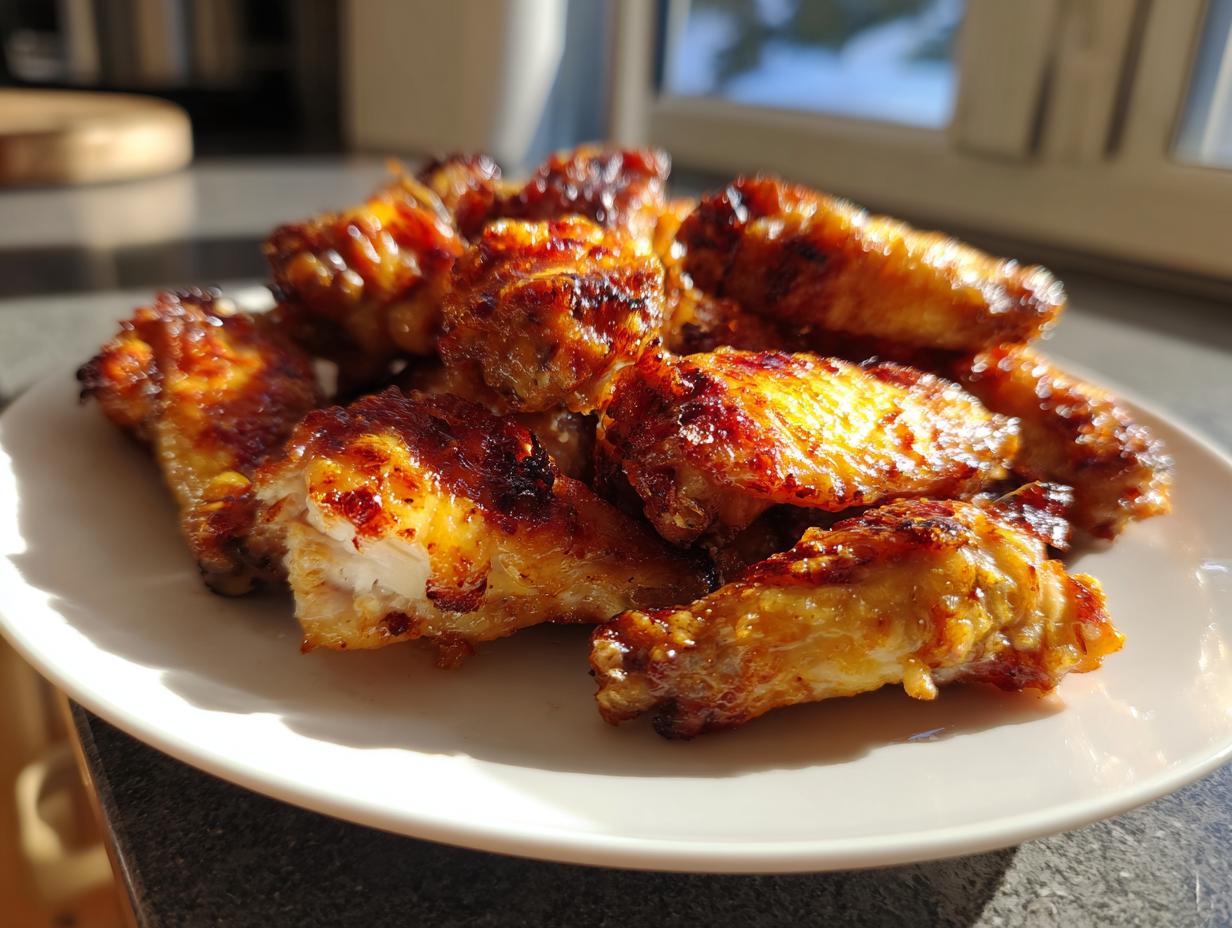 A plate piled high with golden-brown, crispy baked chicken wings, showing the juicy interior of one wing.