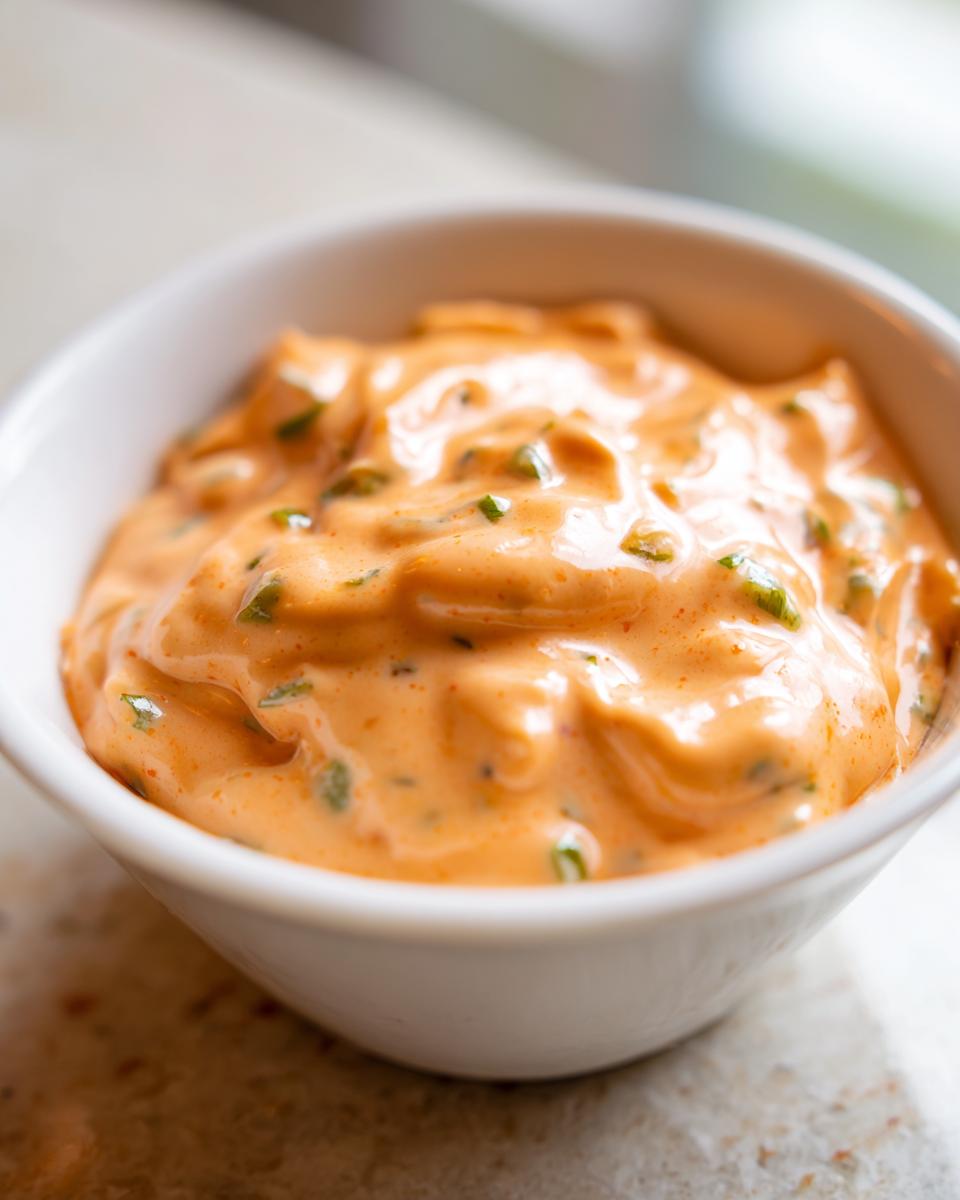 A close-up shot of creamy, orange-hued big mac sauce speckled with green herbs in a small white bowl.