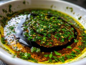 Close-up of a white bowl containing a vibrant olive oil bread dip with herbs and balsamic vinegar.