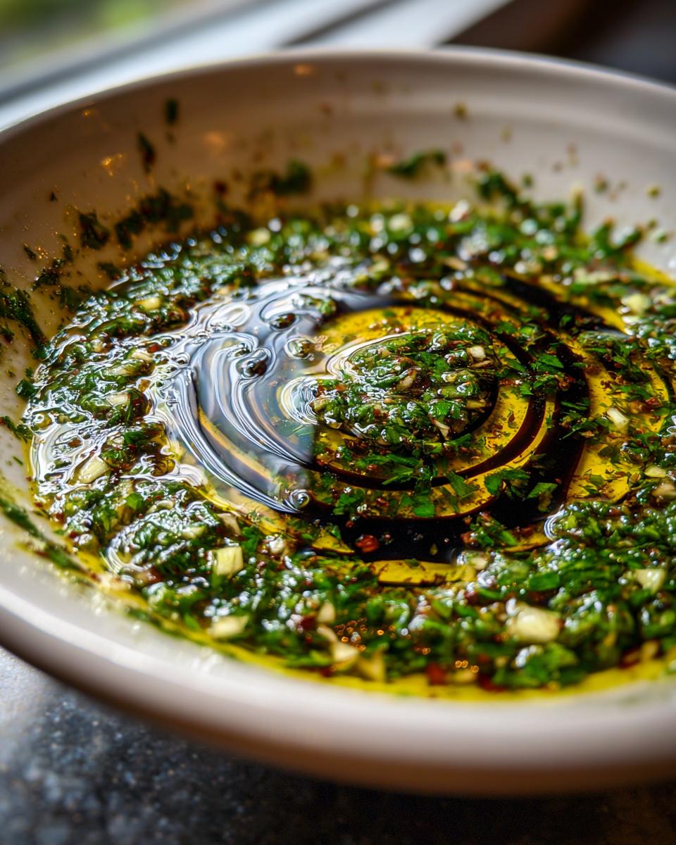 Close-up of a white bowl containing olive oil bread dip with herbs, garlic, and a swirl of balsamic vinegar.