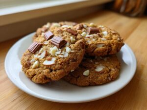 Three delicious almond joy cookies topped with chocolate chunks and slivered almonds resting on a white plate.