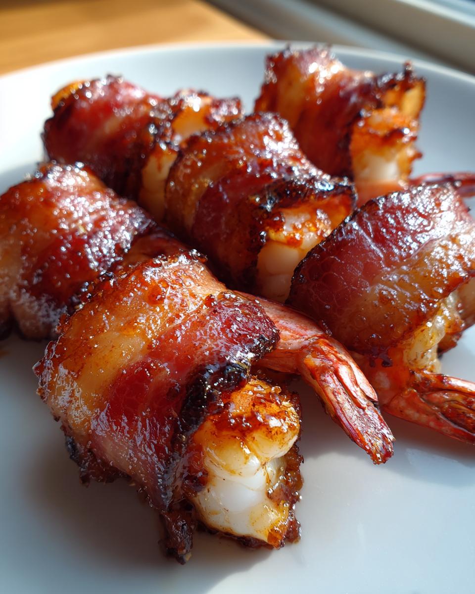 Close-up of several perfectly cooked bacon wrapped shrimp with a shiny, caramelized glaze served on a white plate.
