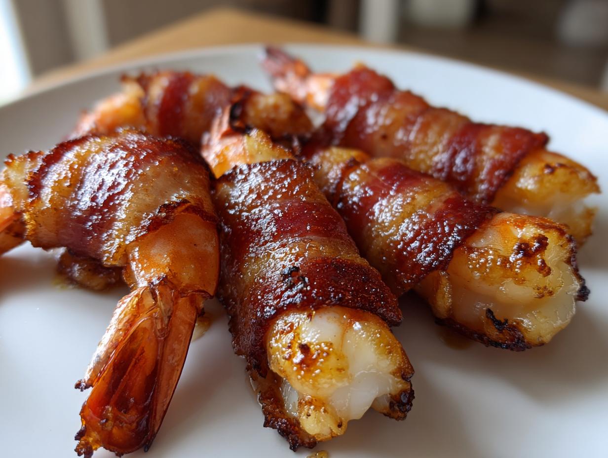 Close-up of perfectly cooked, glazed bacon wrapped shrimp arranged on a white plate.