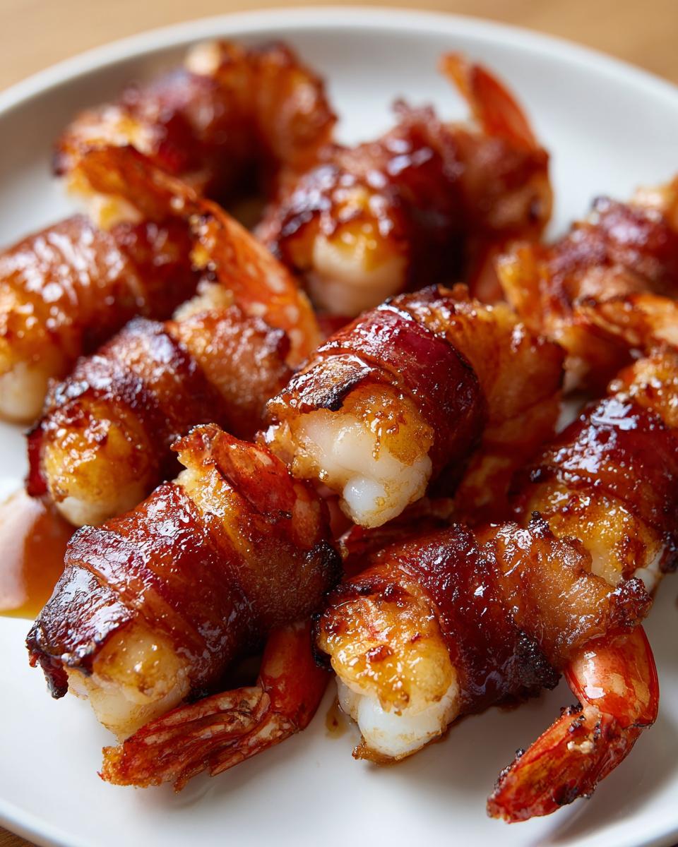 A close-up of several perfectly cooked, glazed bacon wrapped shrimp piled on a white plate.
