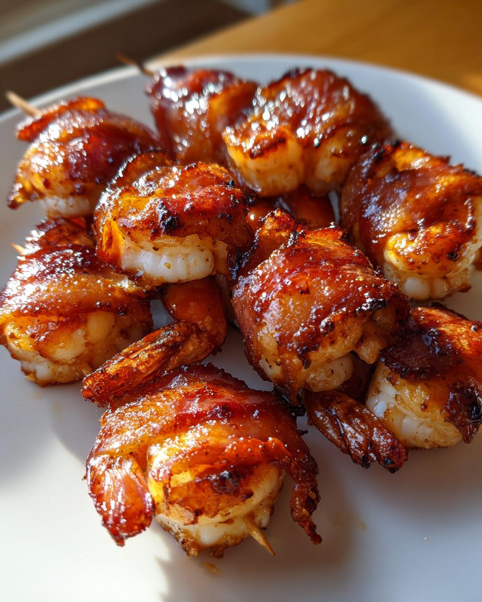 Close-up of several perfectly cooked bacon wrapped shrimp skewers on a white plate, glistening with glaze.