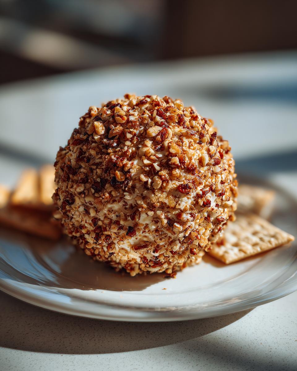 A perfectly formed cheese ball recipe coated in chopped nuts, served on a white plate with crackers.