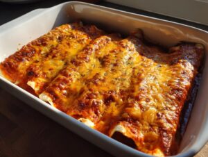 Close-up of baked cheese enchiladas covered in melted, bubbly orange cheese sauce in a white baking dish.