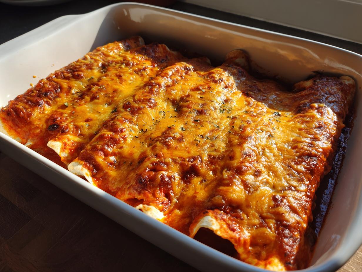 Close-up of baked cheese enchiladas covered in melted, bubbly orange cheese sauce in a white baking dish.