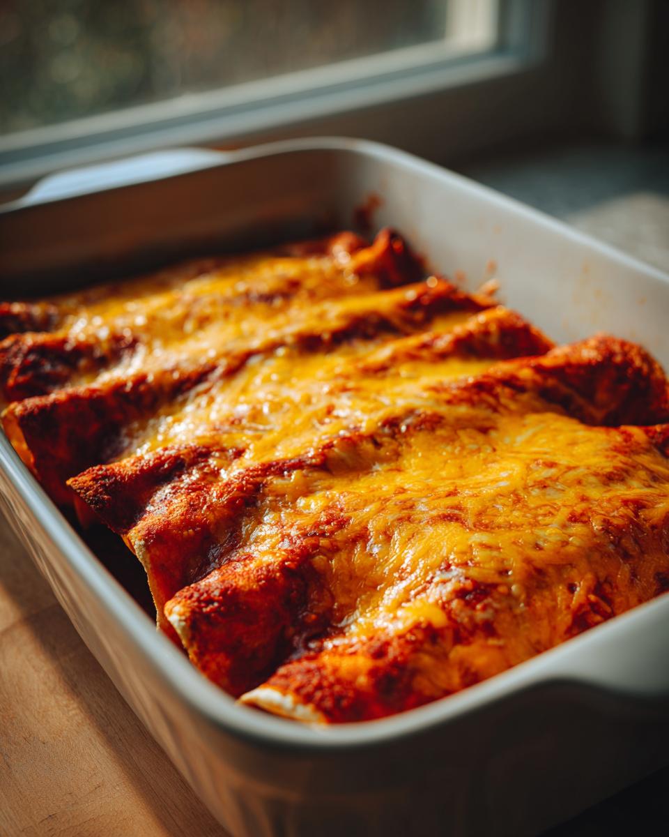 Close-up of baked cheese enchiladas covered in rich red sauce and melted orange cheddar cheese in a white baking dish.