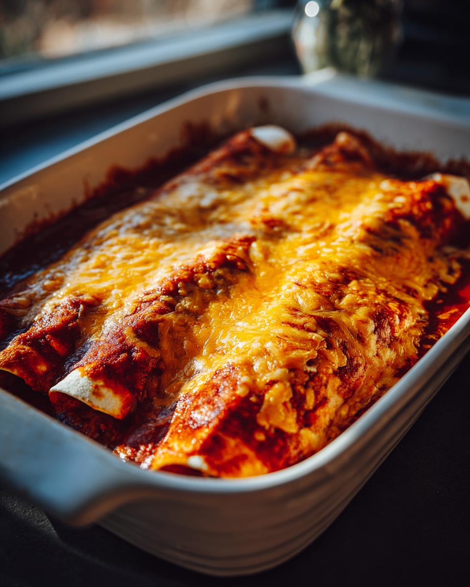 Close-up of baked cheese enchiladas covered in melted, bubbly cheese and red sauce in a white baking dish.