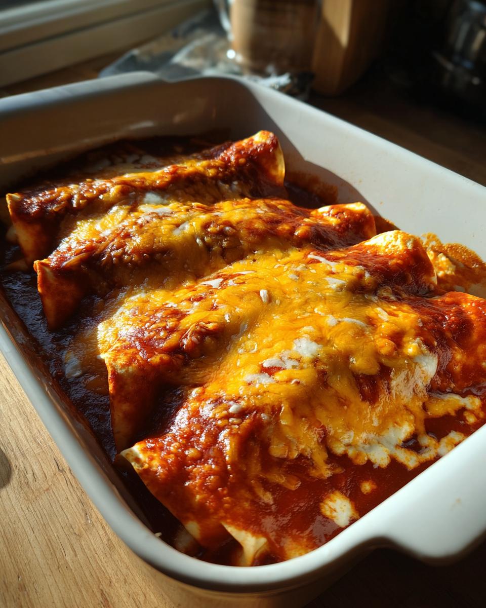 Close-up of melted cheese topping on baked cheese enchiladas covered in rich red sauce in a white baking dish.