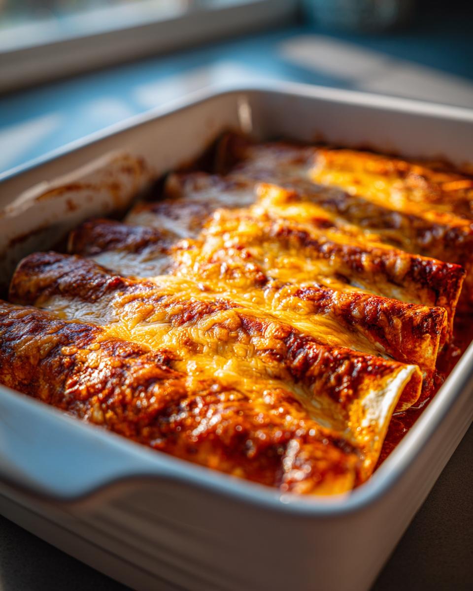 Close-up of bubbling, golden-brown cheese enchiladas covered in red sauce in a white baking dish.