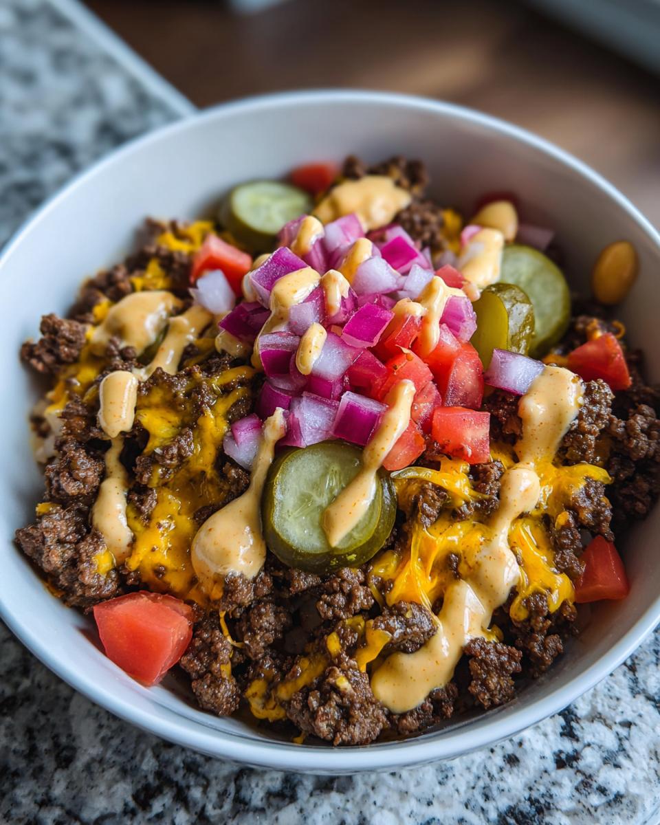 A close-up view of a delicious cheeseburger bowl featuring seasoned ground beef, melted cheddar, pickles, diced red onion, tomato, and special sauce.