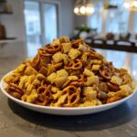 A large white bowl overflowing with a mound of glazed Chex party mix, featuring square cereal pieces and mini pretzels.