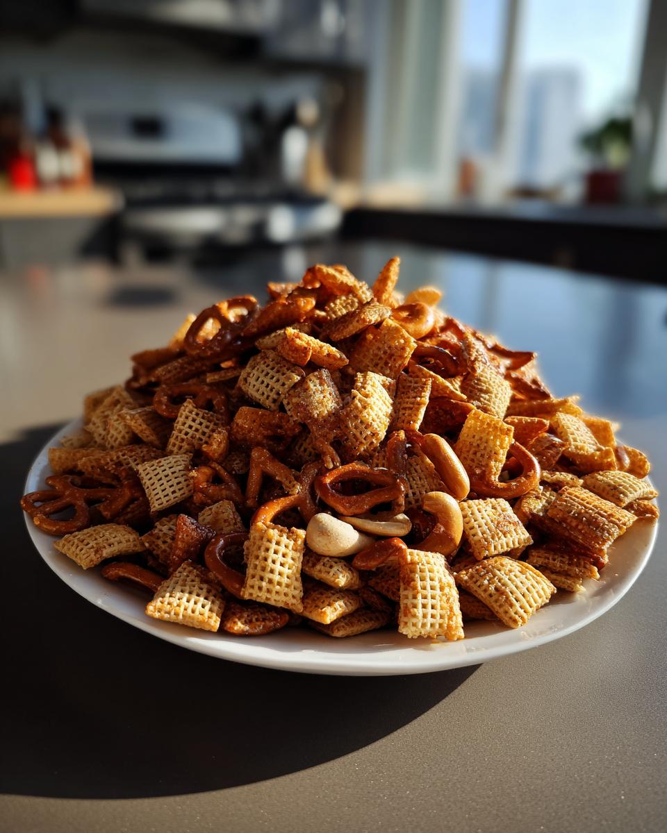 A large mound of homemade Chex party mix featuring cereal squares, pretzels, and nuts piled high on a white plate.