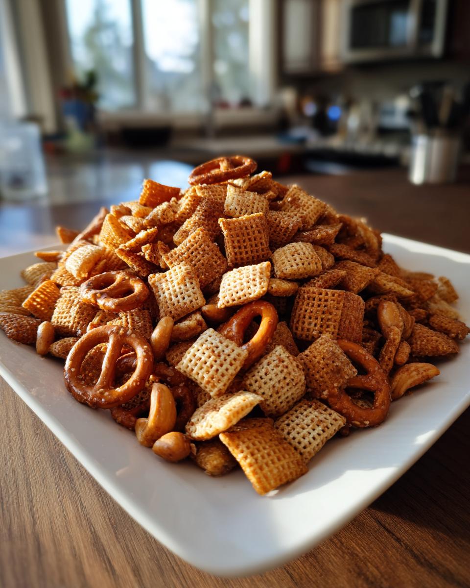A large mound of seasoned Chex party mix featuring square cereal pieces, pretzels, and nuts piled high on a white serving dish.