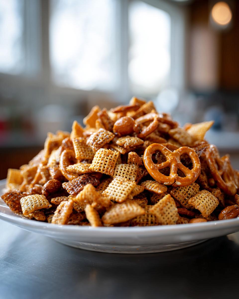 A large mound of seasoned Chex Party Mix featuring square cereal pieces and pretzels piled high on a white plate.