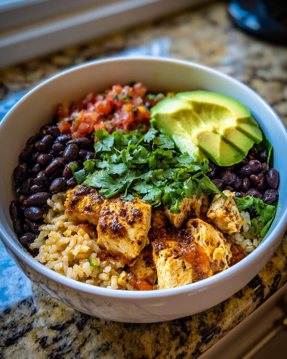 A vibrant, close-up view of a chicken burrito bowl featuring seasoned chicken, rice, black beans, salsa, cilantro, and sliced avocado.