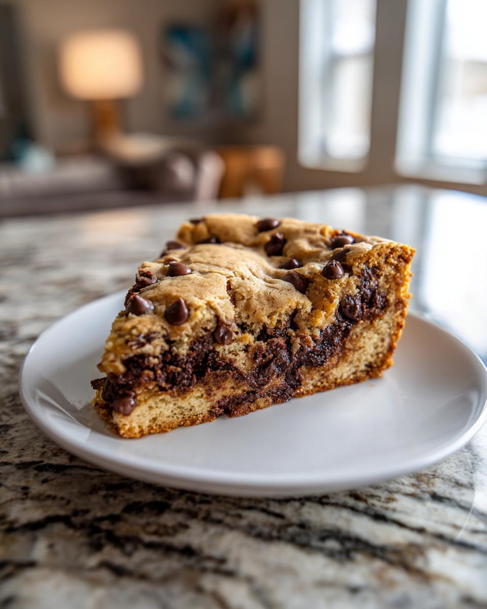 A thick slice of chewy cookie cake recipe, loaded with melted chocolate chips, served on a white plate.
