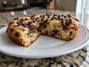 A slice taken out of a thick, chewy chocolate chip cookie cake recipe on a white plate.