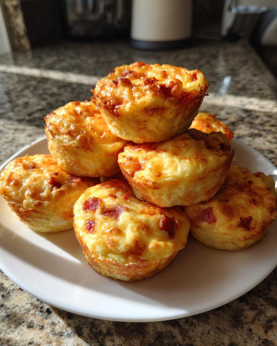 A stack of golden brown, baked egg bites with visible pieces of meat, perfect for meal prep.