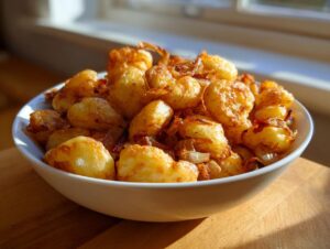 A white bowl filled with perfectly golden brown fried potatoes mixed with caramelized onions, ready to serve.