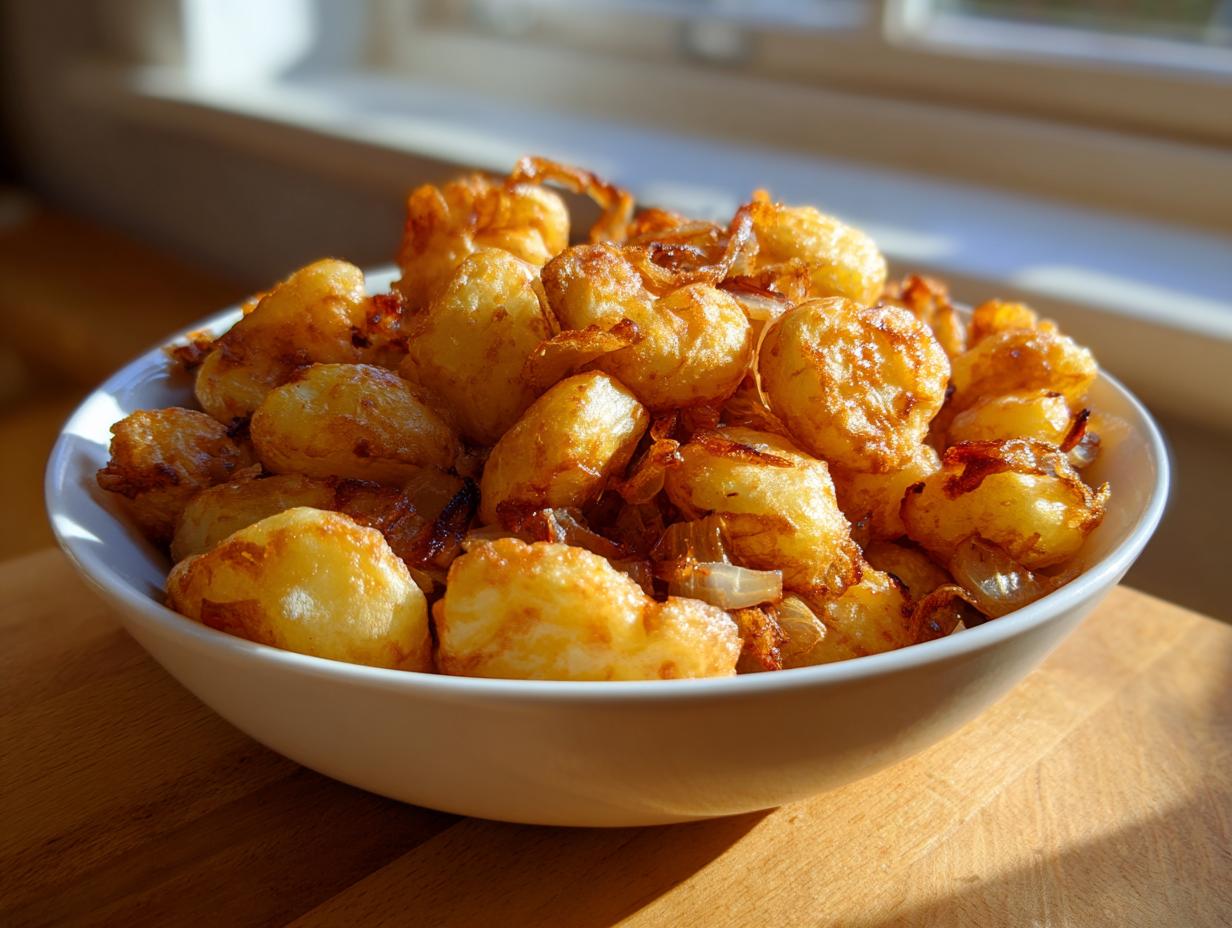 A white bowl filled with perfectly golden brown fried potatoes mixed with caramelized onions, ready to serve.