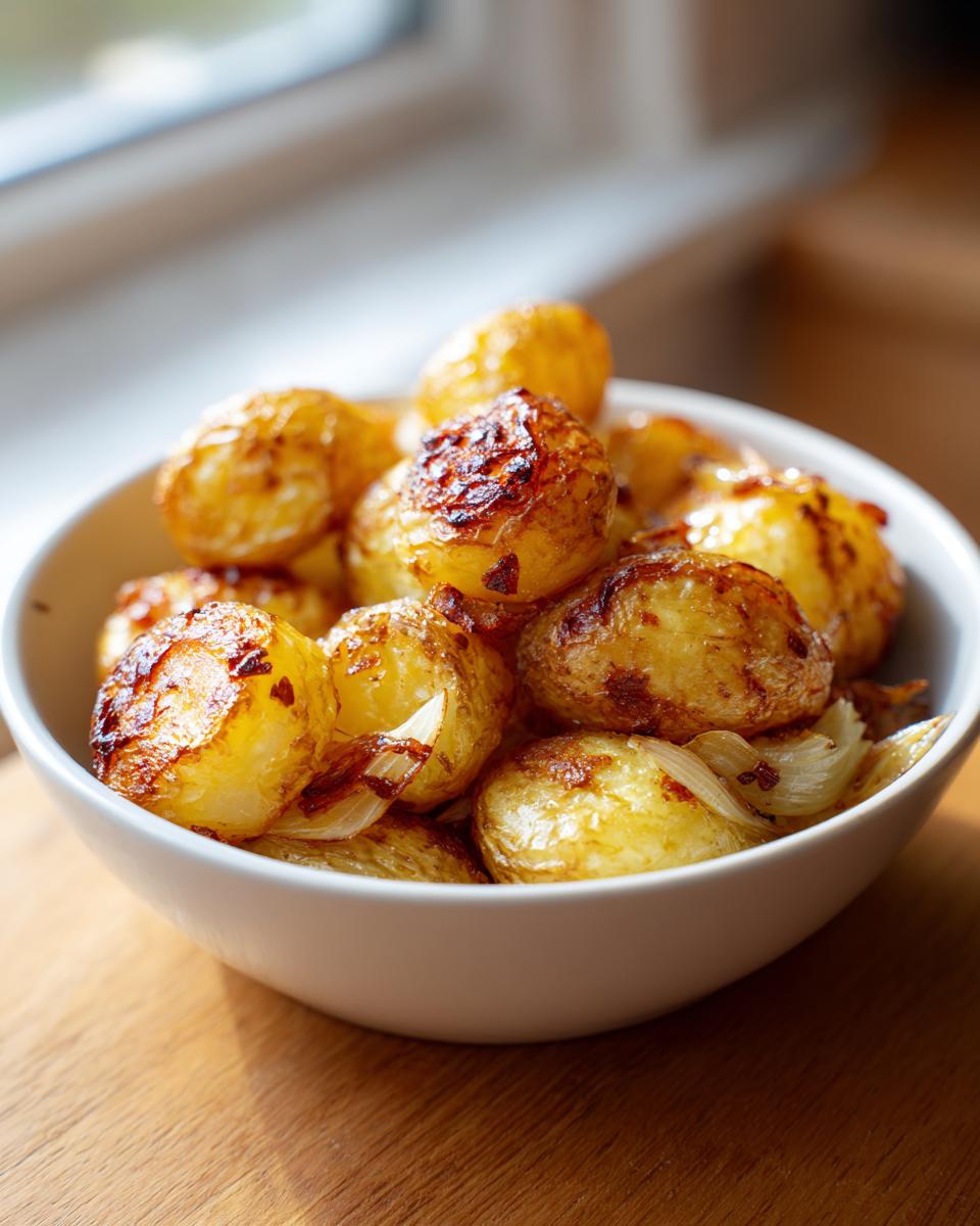 A close-up of perfectly golden brown, crispy fried potatoes served in a white bowl on a wooden surface.