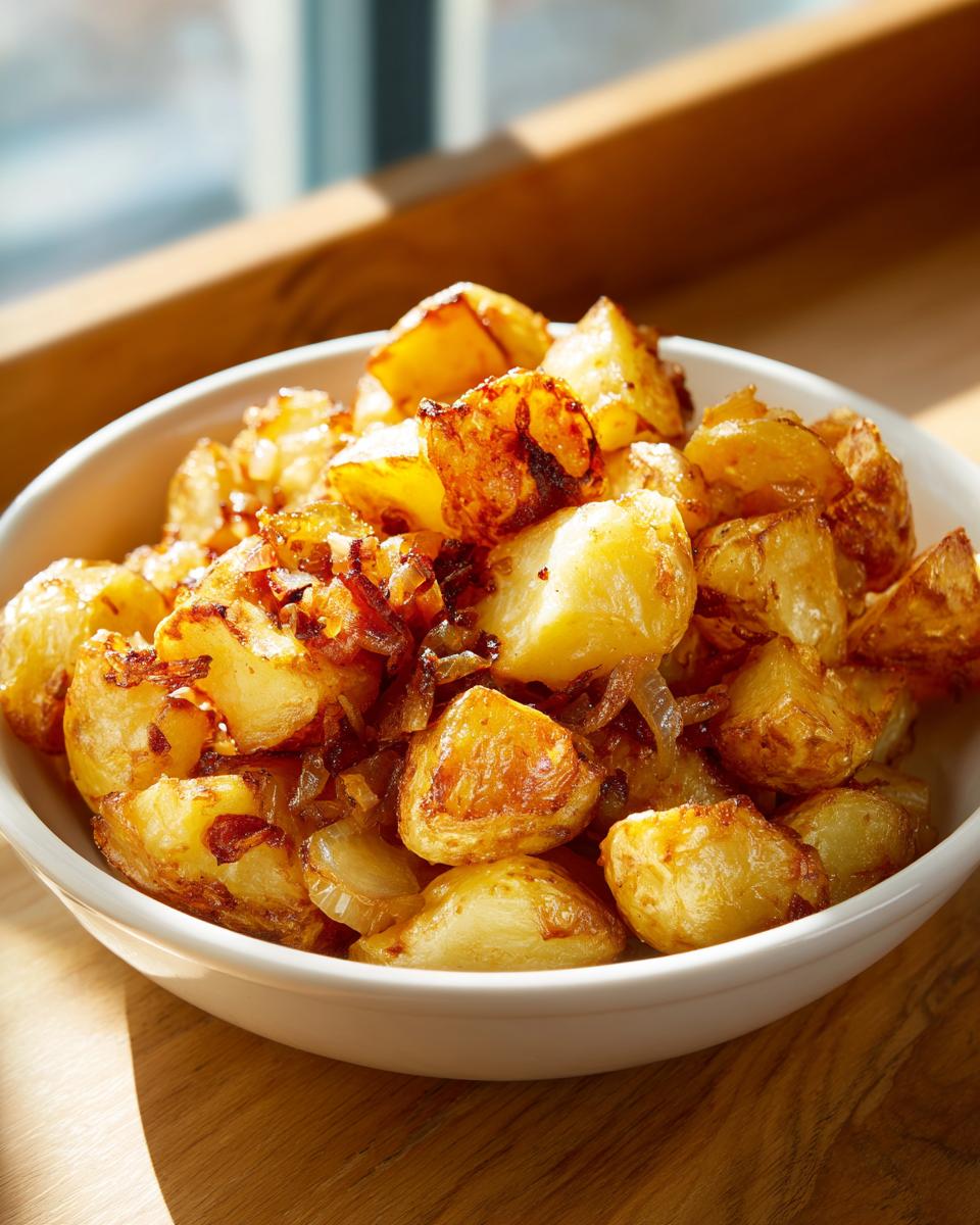 Close-up of a white bowl filled with perfectly golden brown fried potatoes and caramelized onions.