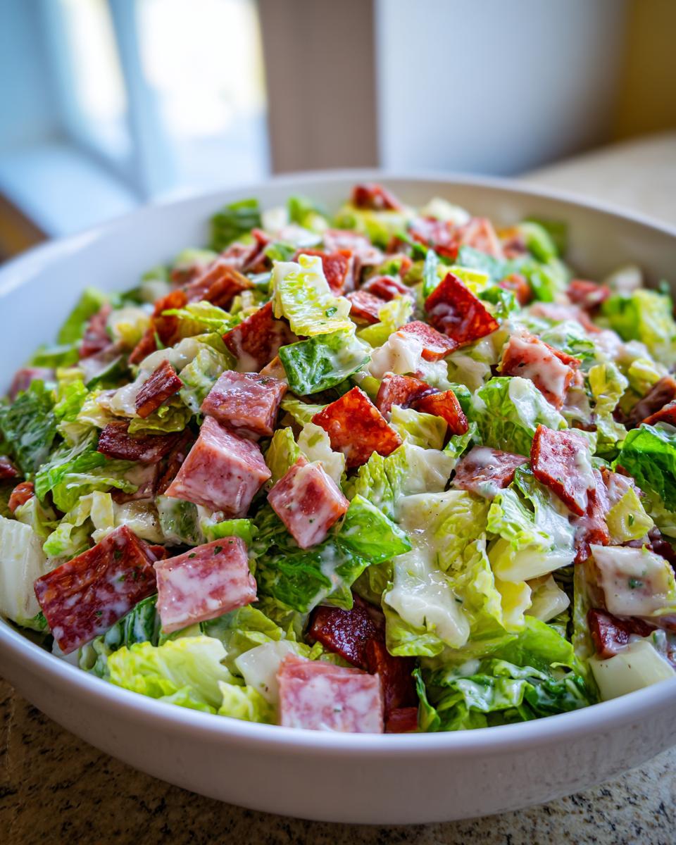 A close-up of a hearty grinder salad featuring chopped lettuce, cubed salami, pepperoni, and creamy dressing in a white bowl.