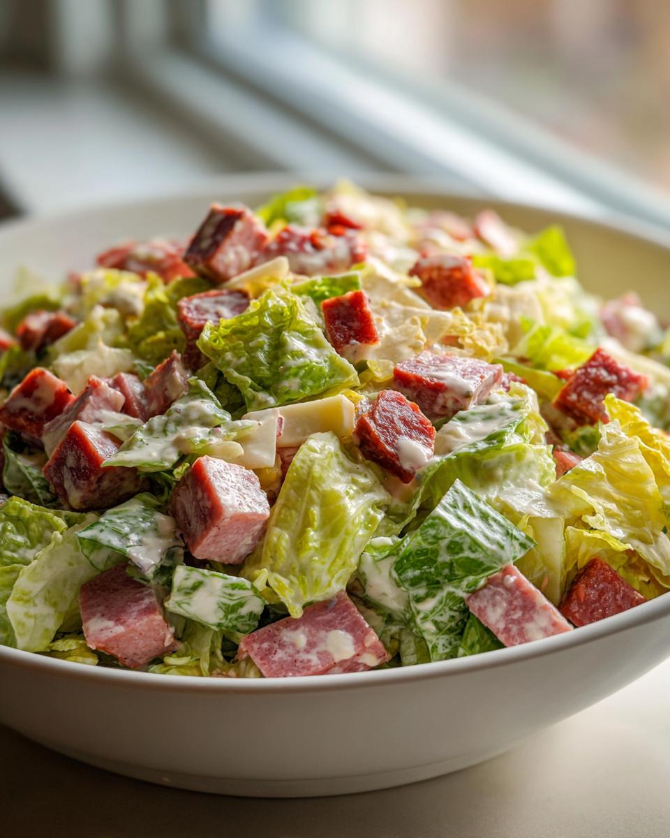 A close-up of a hearty grinder salad featuring chopped lettuce, cubed meats, cheese, and creamy dressing in a white bowl.
