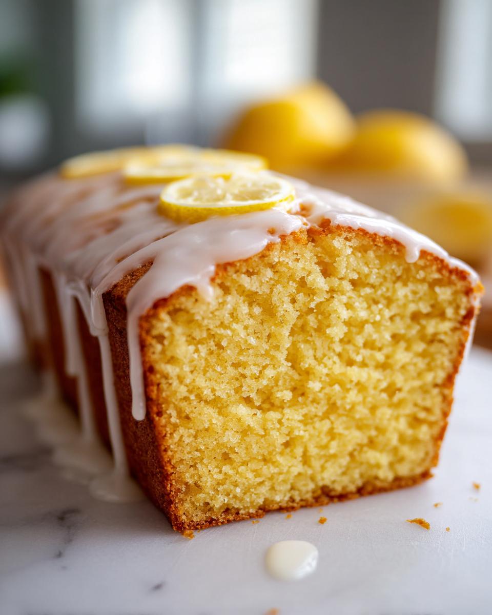 Close-up of a freshly baked lemon loaf cut to show the moist crumb, topped with white glaze and lemon slices.