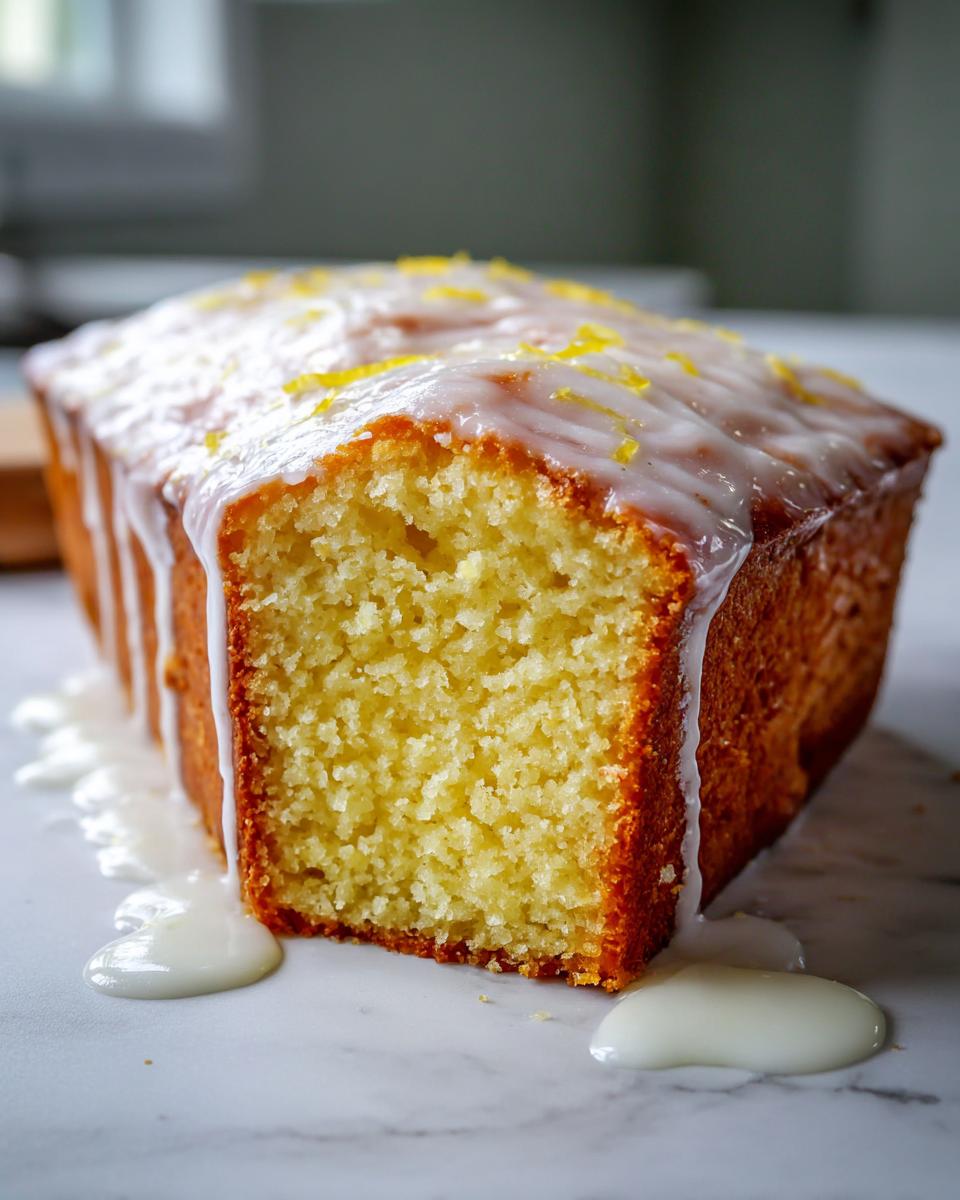 Close-up of a freshly baked lemon loaf with a thick white glaze dripping down the sides and topped with lemon zest.