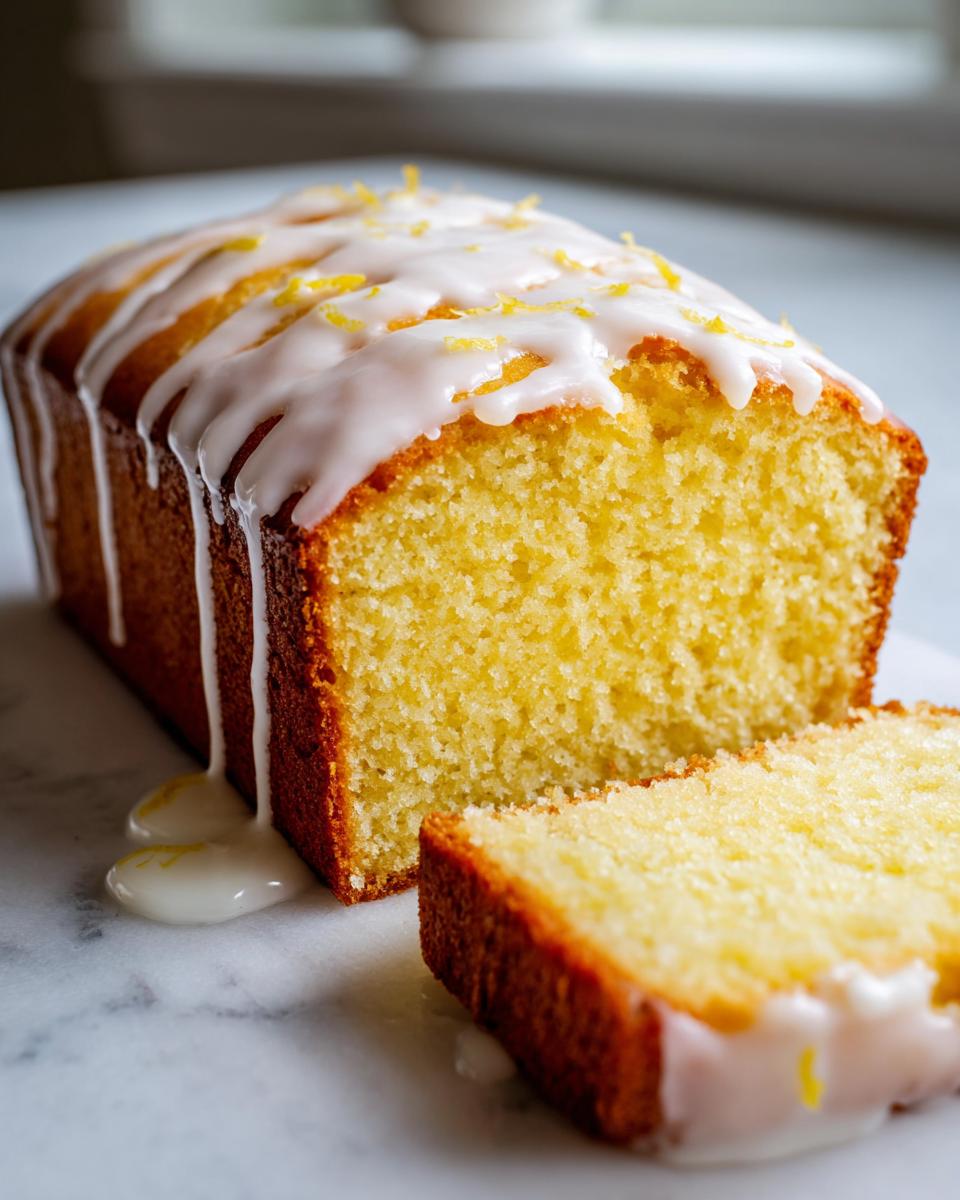 A close-up of a freshly baked lemon loaf with thick white glaze dripping down the sides and lemon zest sprinkled on top.