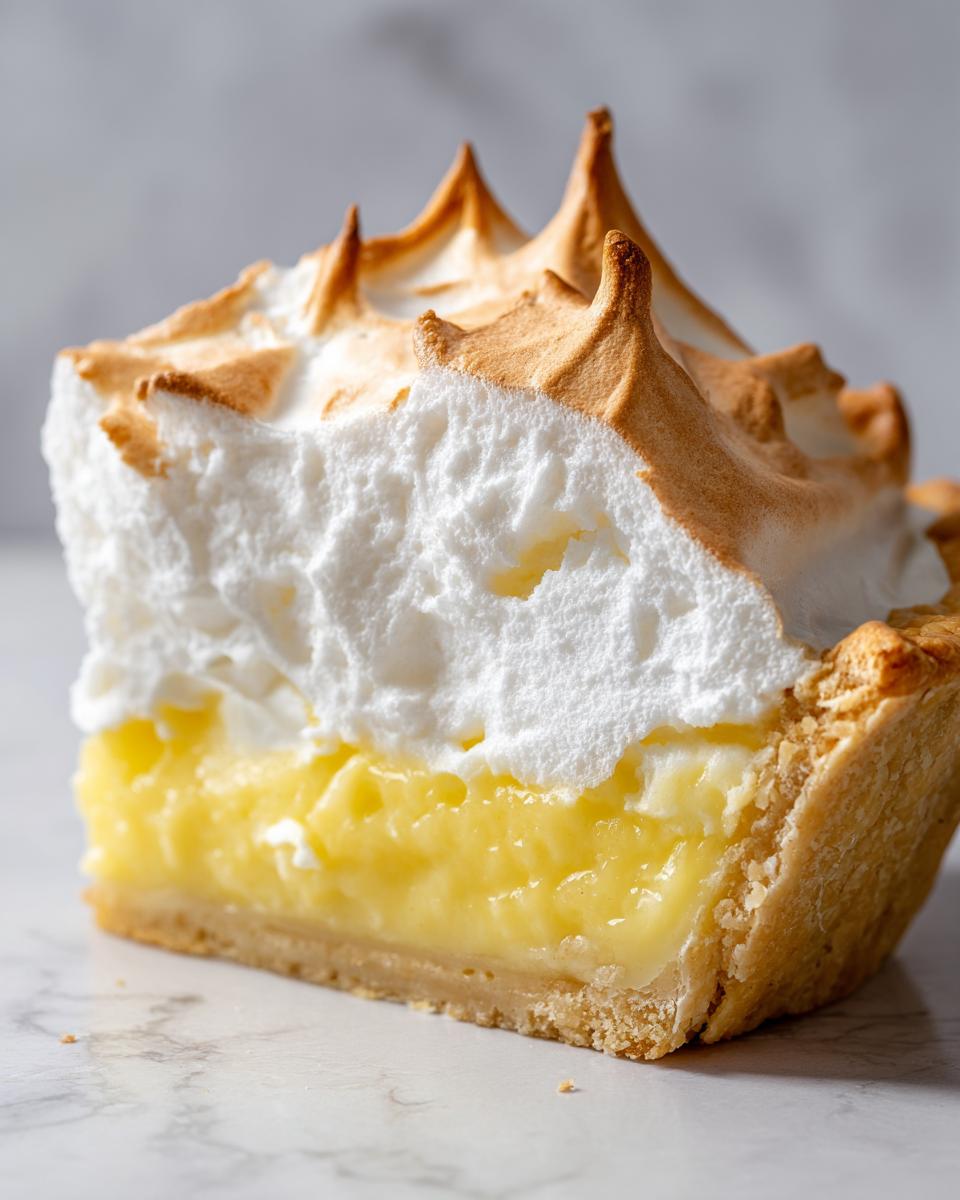 Close-up of a thick slice of lemon pie showing bright yellow filling, crust, and towering, toasted meringue topping.